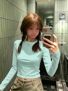 薄荷綠圓領修身長袖女款內搭上衣，秋季美式甜美Y2K風格休閒款 - 薄荷綠 - 查看 2