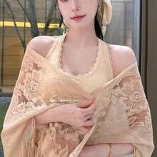 1件女款春夏新款純色三角流蘇針織圍巾，素色針織披肩，新中式流蘇旗袍披肩，防曬外套，夏季薄款蕾絲高級開襟外套 2026 - 02-米色 - 查看 6