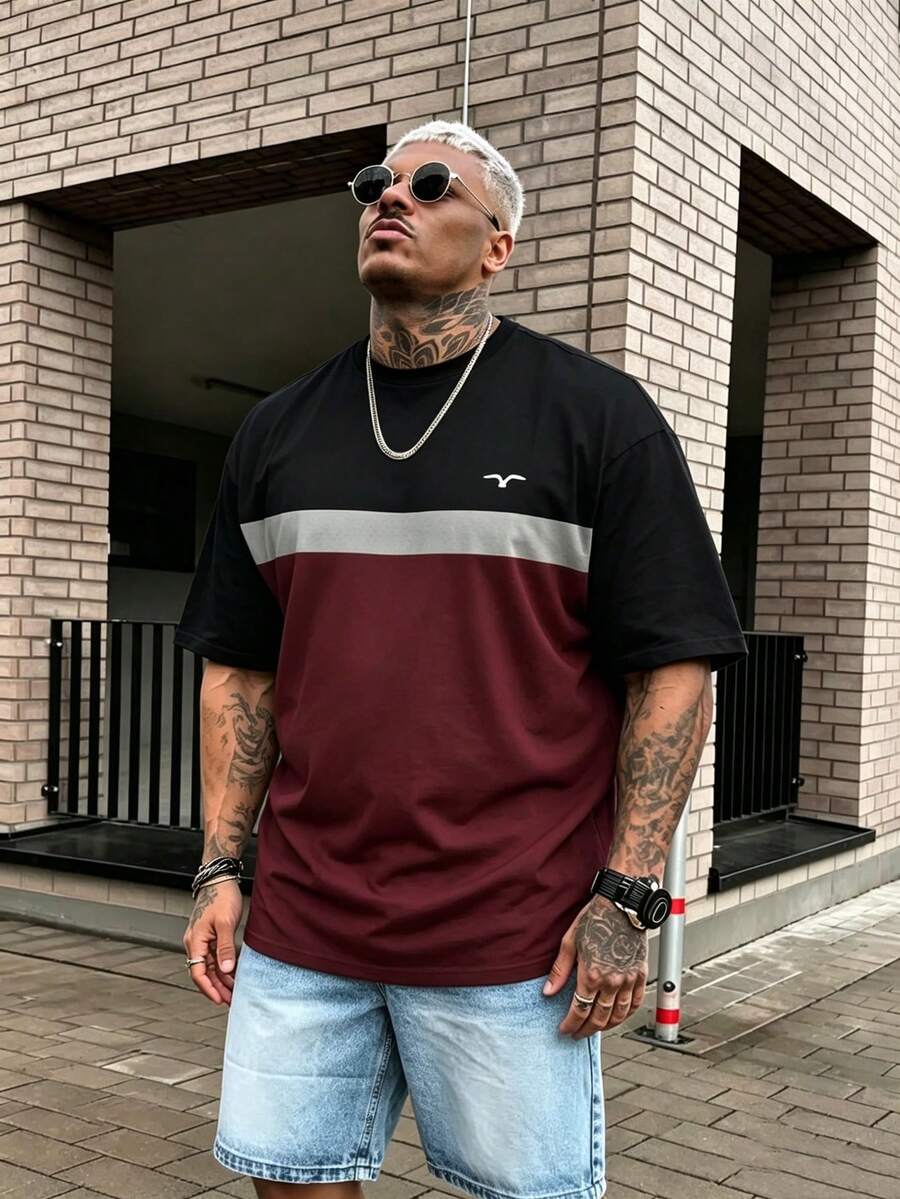 加大码男士休闲撞色圆领短袖商务T恤,夏季 - 彩色 - 查看 1
