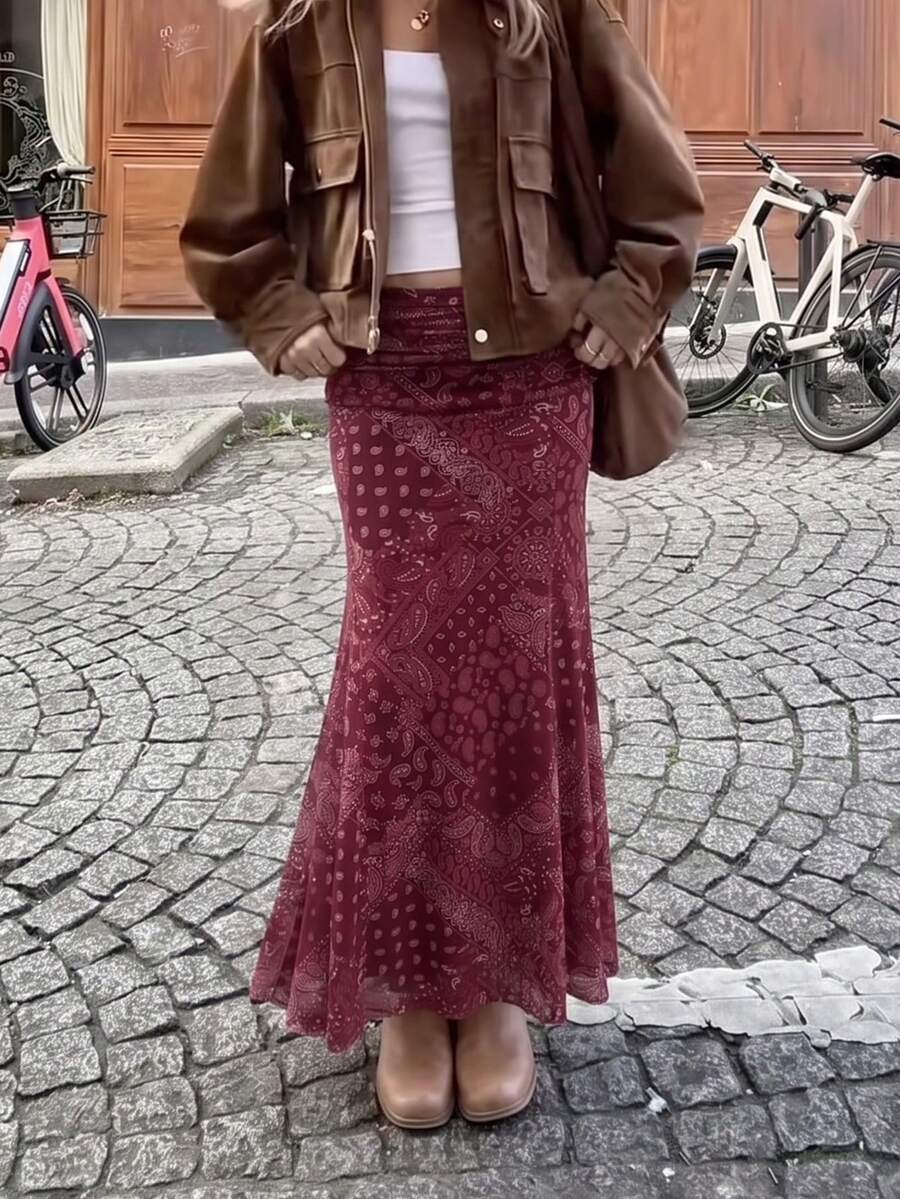 Women's Vacation Cashew Print Ruched Waist Fashion Skirt - Red - View 1