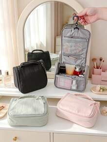 1Pc Plain Waterproof Hanging Hook Travel Toiletry Bag Large Capacity Multi Pocket Foldable Cosmetic Makeup Storage Handbag For Women Trip Gym Shower - Multicolor - View 2