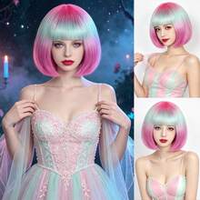 Perruque courte colorée avec frange, pour le port quotidien des femmes, fête de costume d'Halloween, perruque de cosplay anime en cheveux synthétiques lisses, options de dégradé multicolore et de couleur unie (jaune, blanc, marron, vert, or) - Multicolore - Voir 16