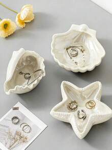 Decorative Ceramic Jewelry Tray, Shell & Starfish Shaped Jewelry Tray, Ocean Themed Decorative Jewelry Tray, Suitable For Rings, Earrings, Necklaces, Bracelets, Jewelry Watches, Keys, Bathroom, Bedroom, Office Accessories. - one-size - View 3