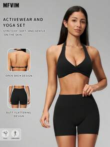 MFVIM Women's 2-Piece Yoga Set, V-Neck Halter Backless Top / High Waist Butt-Lifting Shorts Anti-Exposure - Premium Black - View 1