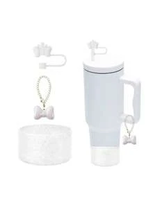 7Pcs Tumbler DIY Decor Accessories Set Cute Daisy Flower Carry Handle Strap Silicone Straw Cover Bottle Boot & Pom Pom Charms Fits 30/40 Oz Cup Preppy Y2K Cup Accessories For Travel School Birthday Gift For Women Back To School Party Supplies - White - View 9