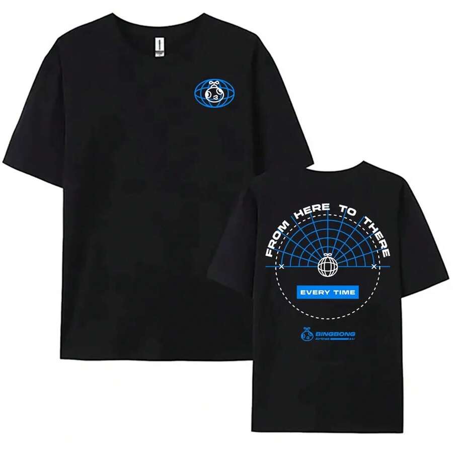 T-shirt imprimé Bingbong Airlines Peak Game, streetwear unisexe, coupe ample, manches courtes, coton, vêtement décontracté pour femmes et hommes - 500365-noir - Voir 1
