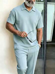 Conjunto de talla grande para hombre, conjunto de 2 piezas con top de manga corta y pantalones para verano, conjunto de camiseta de unicolor de talla grande para hombre - Celeste - Ver 4