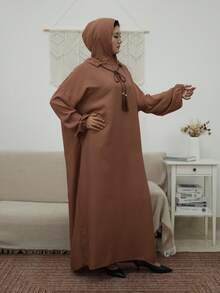 Women's Loose Brown Hooded Robe With Drawstring Tassel Detail, Long Bishop Sleeves, Elegant Woven Fabric - Brown - View 4