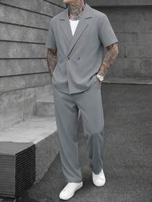 Plus Size Men's Loose Short Sleeve Pants Set, Woven Non-Stretch Solid Color Straight Lapel Casual Commuter 2-Piece Outfit - Grey - View 2