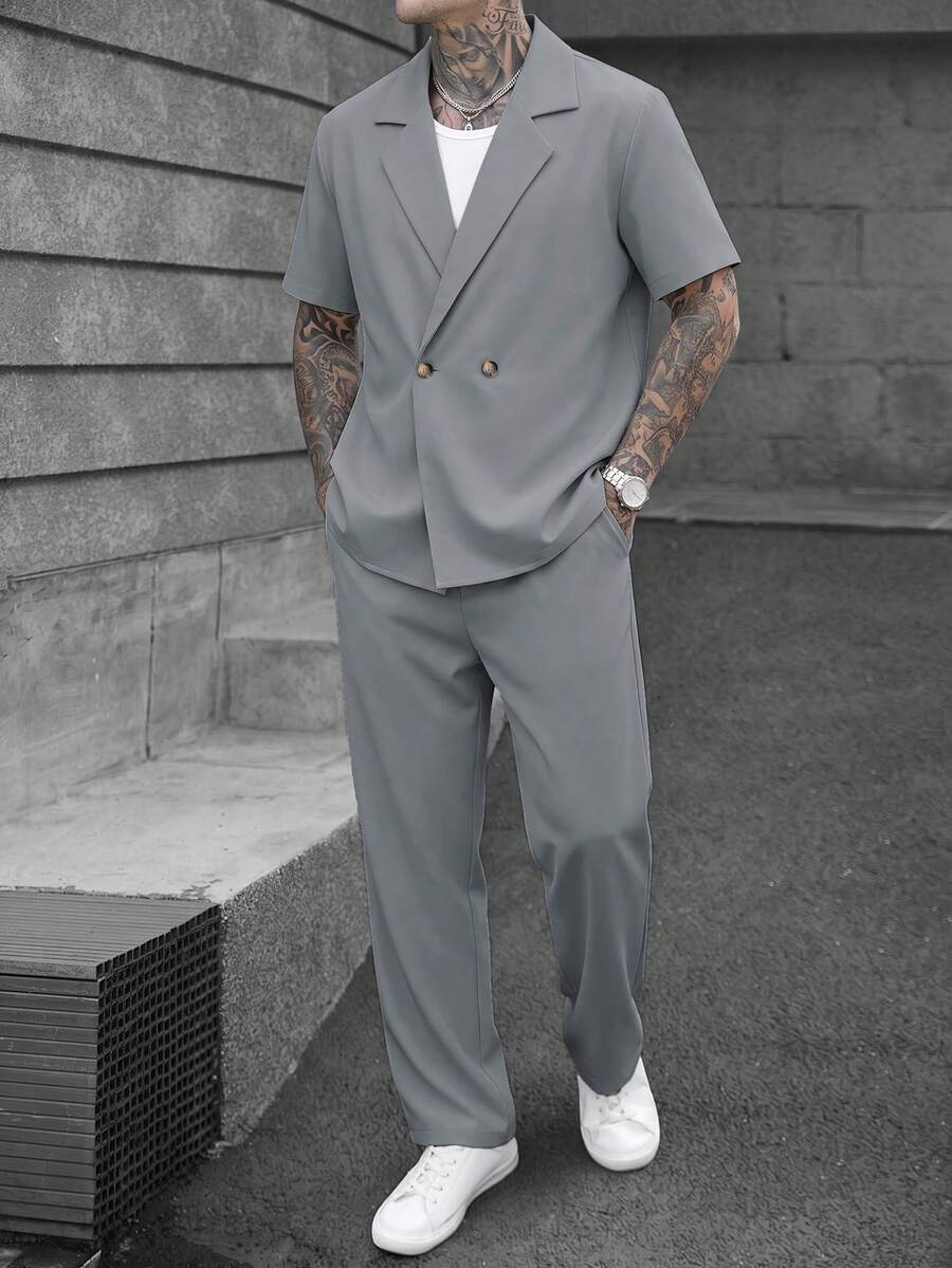 Plus Size Men's Loose Short Sleeve Pants Set, Woven Non-Stretch Solid Color Straight Lapel Casual Commuter 2-Piece Outfit - Grey - View 1