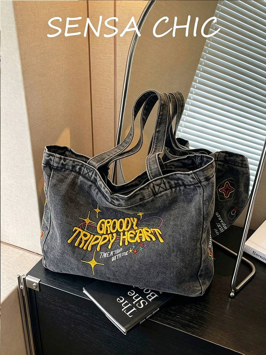 黑色丹寧大容量托特包 復古刺繡星星圖案 雙肩帶 拉鍊開合 休閒購物書包 學生日常通勤旅行用