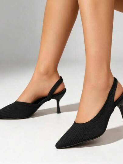 Women's Black Elastic Pointed Toe Slingback High Heel Pumps, Slimming Stiletto Commuter Office Shoes, Breathable Versatile Everyday Sandals