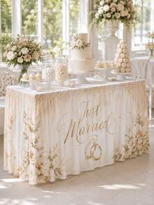 1件象牙色 Just Married 婚禮桌裙，優雅聚酯纖維長方形派對桌布，金色字體、婚戒、白玫瑰與葉子印花，適用甜點桌、蛋糕桌、新娘派對、婚禮接待與慶祝裝飾 - 彩色 - 查看 7