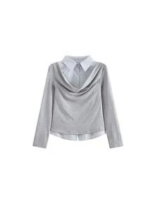 Korean Style Elegant Versatile 2 In 1 Cowl Neck Slimming Casual Long Sleeve T-Shirt Top - Grey - View 4