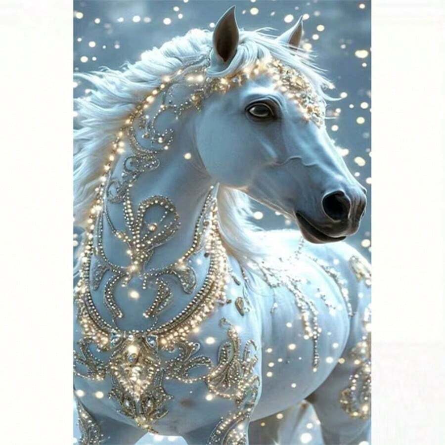1PC DIY 5D Diamond Painting Kit White Horse Pattern - Round Full Diamond Art Mosaic Craft, Home Wall Decor, Frameless - No Frame - View 1
