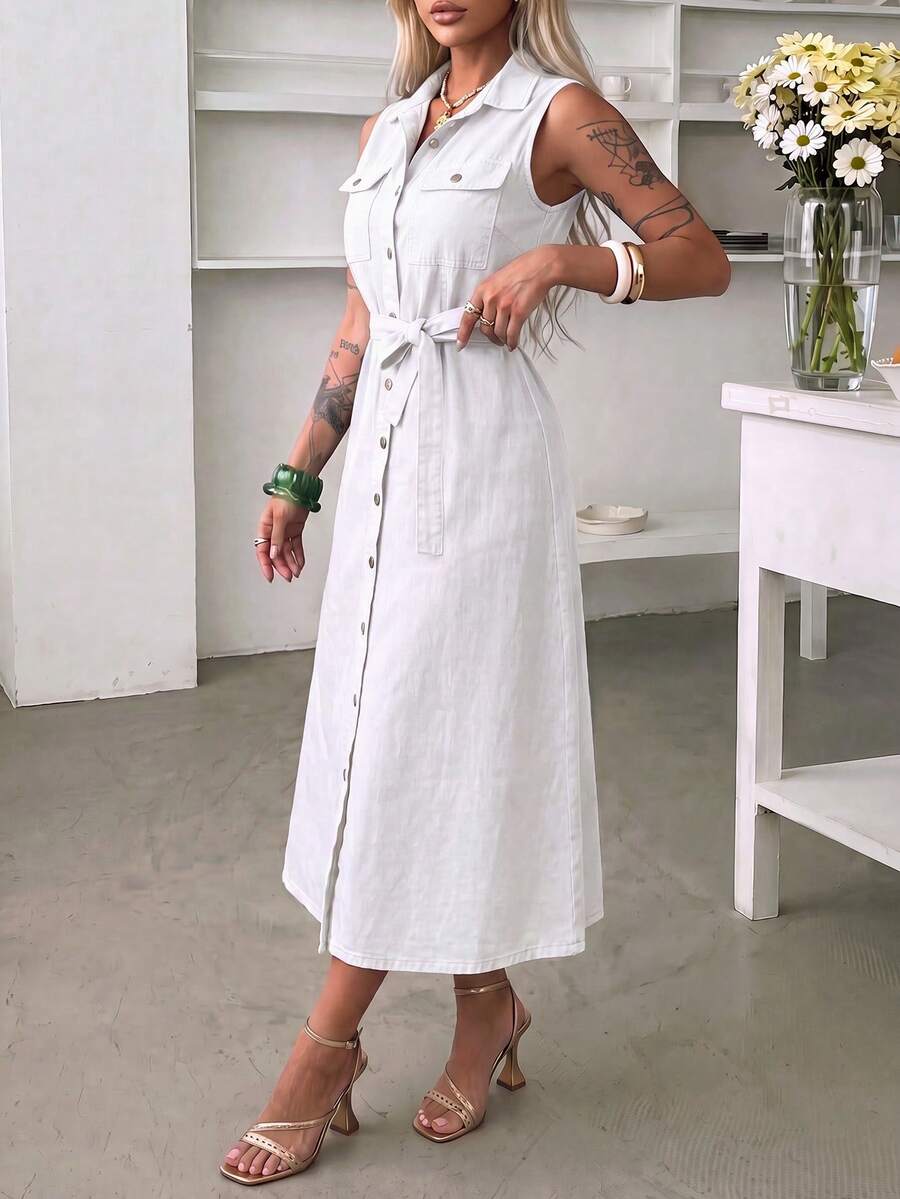 Women's Sleeveless White Denim Midi Dress, Collared, Button Front, Waist Tie, Flared Hem, Casual Style