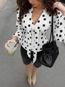 French Vintage Polka Dot Ribbon Blouse For Women, Design-Focused V-Neck Cinched Waist Puff Sleeve Fitted Long Sleeve Top, Suitable For Commuting, Dating, And Street Photography - White - View 2