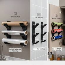 2pcs Wall-Mounted Holder For 3 Rolls Of Kitchen Paper/Cling Film/Aluminum Foil, Storage Rack (Fits Rolls Up To 50mm Diameter), Space-Saving, No-Drill Installation, Creates A Tidy Kitchen, Perfect For Cabinet Doors, Tiles, Without Damaging Surfaces - Multicolor - View 2