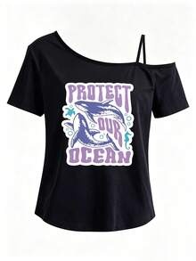Women One-Shoulder Short-Sleeve T-Shirt, Whale Shark, Marine Life Print Fashion Top, Slanted One-Shoulder Strap, Rock Concert Outfit - 黑色2 - 查看 1