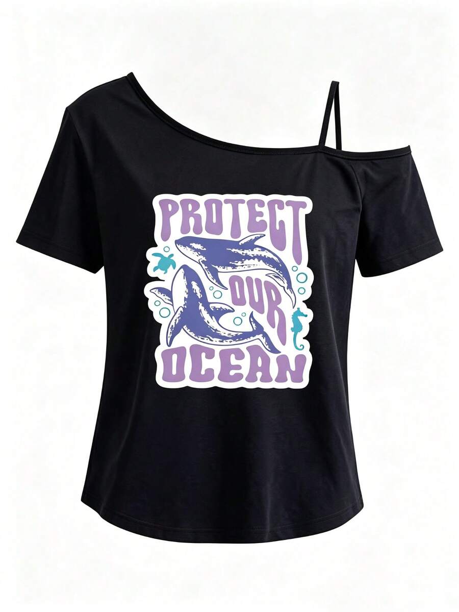 Women One-Shoulder Short-Sleeve T-Shirt, Whale Shark, Marine Life Print Fashion Top, Slanted One-Shoulder Strap, Rock Concert Outfit - 黑色2 - 查看 1