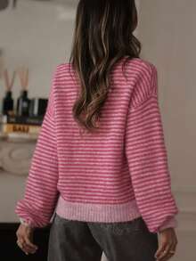 Women's Pink Striped Knit Pullover Sweater, Long Sleeve Regular Fit Top, Suitable For Autumn/Winter Wear - Watermelon Pink - View 3