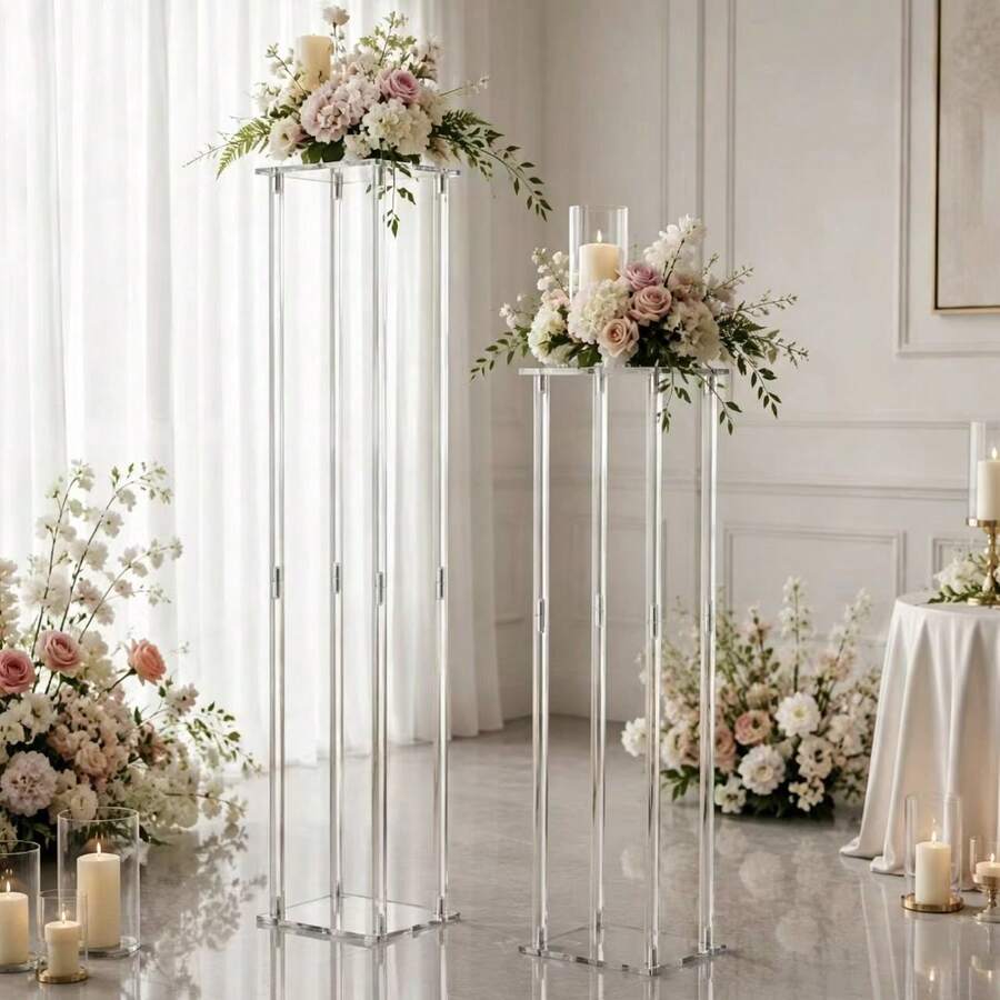 Acrylic Flower Stand Transparent Tall Square Column Vase Geometric Wedding Table Centerpiece Modern Floor Vase Suitable For Party, Banquet, Home And Various Event Decor - Acrylic Square Flower Stand - View 1