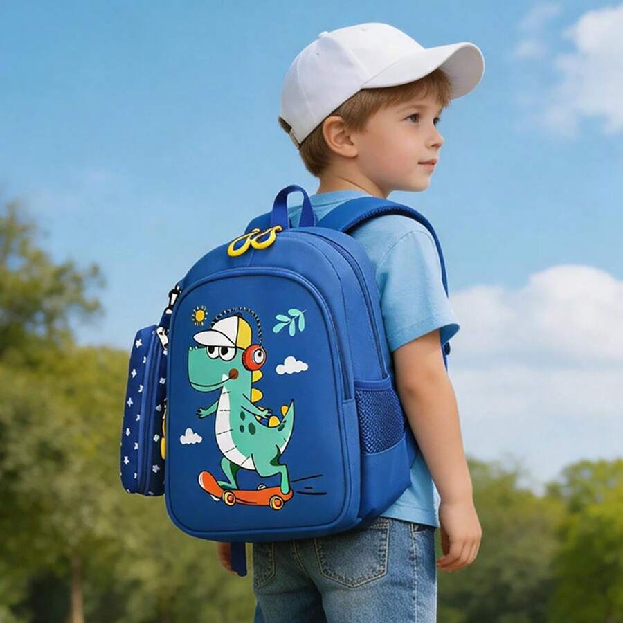 1 pieza Mochila linda de dinosaurio y conejo, adecuada para niños y niñas de primaria y secundaria. Diseño ligero con patrón de dinosaurio y conejo, reduce la carga y protege la columna vertebral, incluye estuche para lápices, esencial para la temporada de regreso a la escuela - Multicolor - Ver 1