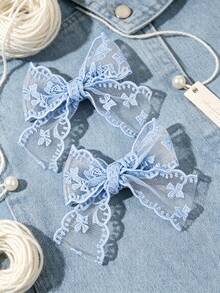 2pcs Blue Lace Hair Bow For Teen Girls, Delicate Bow Knot Alligator Clip, Daily Hairpin Set, Sweet Teen Girls Hair Accessories - Blue - View 3