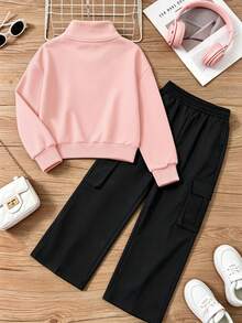 2pcs American Style Half-Zip Sweatshirt & Cargo Pants Set, Fashion Casual Sweatshirt With Long Pants, Autumn/Winter Daily Wear - Pink - View 4