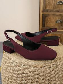 Casual Plain Buckle Office Elegant Low Heel Versatile Sandals - Burgundy - View 4