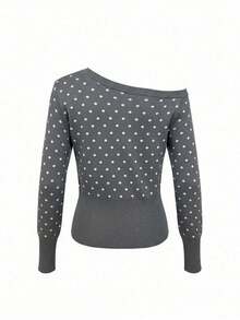 Women's Polka Dot Knit Cardigan, Off-Shoulder Design, Waist-Cinching Slim Fit, Long Sleeve Sweater, Suitable For Early Autumn - Grey - View 7