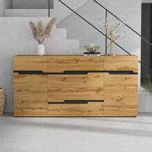 Aparador de salón 160*40*80 cm, aparador bajo con 2 puertas y 4 cajones, aparador de comedor, amplios compartimentos sin tirador, mueble auxiliar para sofá, color madera + negro - Color natural - Ver 2