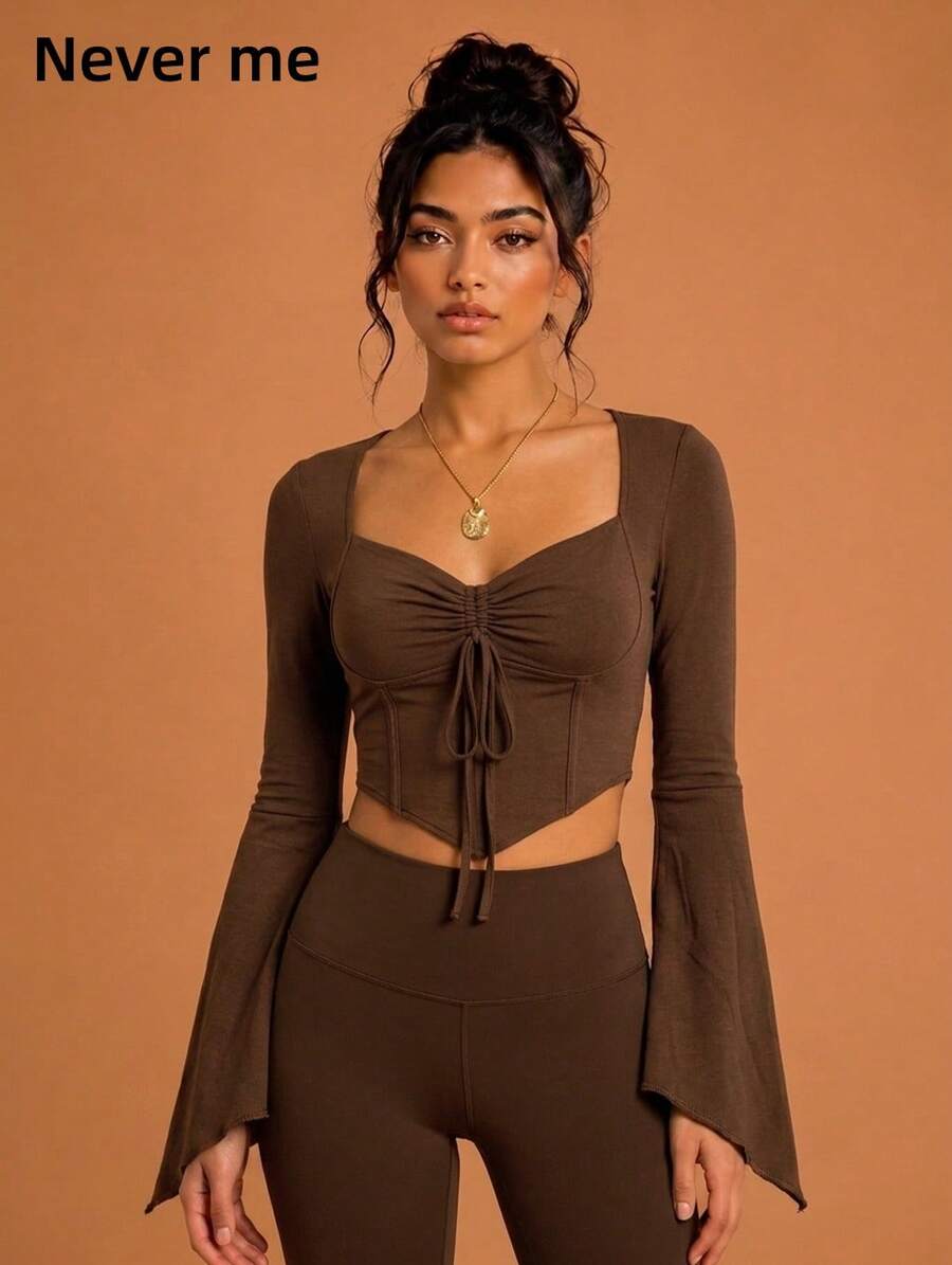 Never me Women's Square Neck Drawstring Waist Long Sleeve Sports T-Shirt, Flared Sleeve Cropped Yoga Fitness Base Layer Top - Brown - View 1