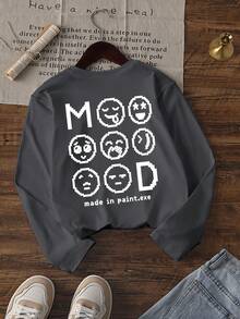 1pc Boys Vintage Pixel MOOD Computer Meme Charcoal Grey Long Sleeve T-Shirt, Retro Digital Loose Base Layer Top For Kids, Spring/Autumn - Dark Grey - View 3