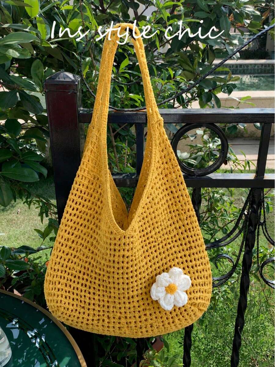 黃色鏤空鉤編肩背包,飾有3D白色雛菊花飾,大容量編織托特包,適合夏季日常旅行 - 黃色 - 查看 1
