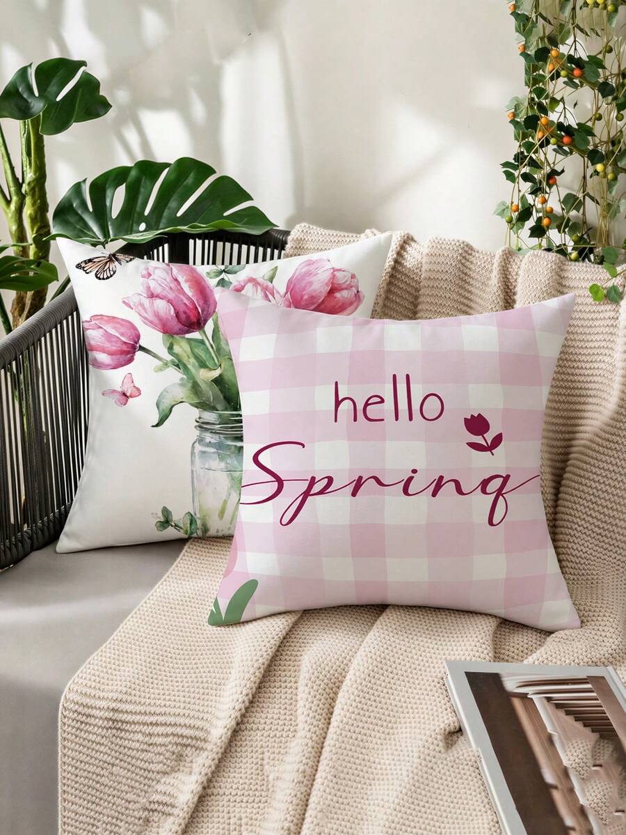 shangxia 2件組 水彩玻璃罐粉色鬱金香蝴蝶、粉色與白色格紋「Hello Spring」印花枕套，韓系清新春季Ins風沙發窗台靠墊套（不含枕芯）（無刺繡）（多尺寸）