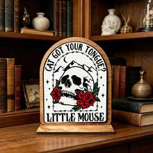 1pc AIDIS Wooden Bookshelf Sign - Vintage Gothic Style With Skull And Rose Pattern, Featuring "Cat Your Tongue" Text. Artificial Wood Desktop Decor, Suitable For Bedroom, Perfect Gift For Book Lovers. - Skull Bookshelf - View 4