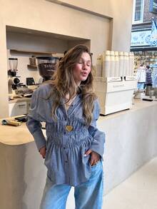Women's Elegant Commute Street Casual Plaid Checkered Shirt Blouse, Elastic Waist Gathered Design, Shirt Collar Front Button Placket, Long Sleeve, Perfect For Spring And Autumn Outfits And Daily Casual Workplace Commute Wear - Blue - View 4