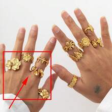 304 Stainless Steel Ring Set, Geometric Flower & Leaf Design, Premium Titanium Steel, 18K Gold, Fade-Resistant Jewelry Accessories - Gold - View 9