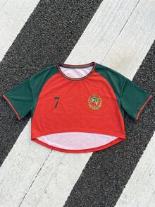 Women's Casual Portuguese Mesh Asymmetric Loose Short T-Shirt, Streetwear Style, Suitable For Summer And Spring, World Cup Red - Red - View 9