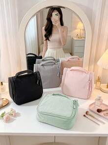 1Pc Plain Waterproof Hanging Hook Travel Toiletry Bag Large Capacity Multi Pocket Foldable Cosmetic Makeup Storage Handbag For Women Trip Gym Shower - Multicolor - View 3