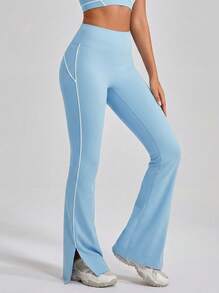 Never me Women's Sports Flared Pants, High Waist Split Leg Yoga Fitness Bell Bottom Trousers - Aqua Blue - View 4