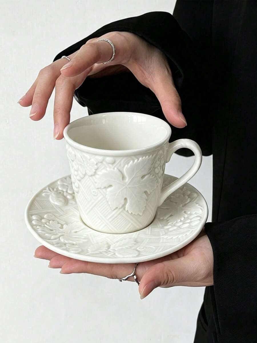 1 Set Pastoral Grape Vine Ceramic Cup And Saucer, Afternoon Tea Coffee Cup And Saucer, Breakfast Milk Cup - Multicolor - View 1
