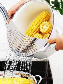 1pc Stainless Steel Strainer, Vegetable Colander, Moon-Shaped Pot Edge Filter, Residue Filter, Filtration Plate, Draining Board - Multicolor - View 5