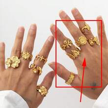 304 Stainless Steel Ring Set, Geometric Flower & Leaf Design, Premium Titanium Steel, 18K Gold, Fade-Resistant Jewelry Accessories - Gold - View 7