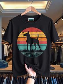 Camiseta Vintage para Hombre con Diseño de la Raza Staffy - 100% Algodón, Suave y Casual, con Silueta de Staffy y Estampado Degradado de Atardecer, Cuello Redondo para Dueños de Staffy, Lava - Negro - Ver 1
