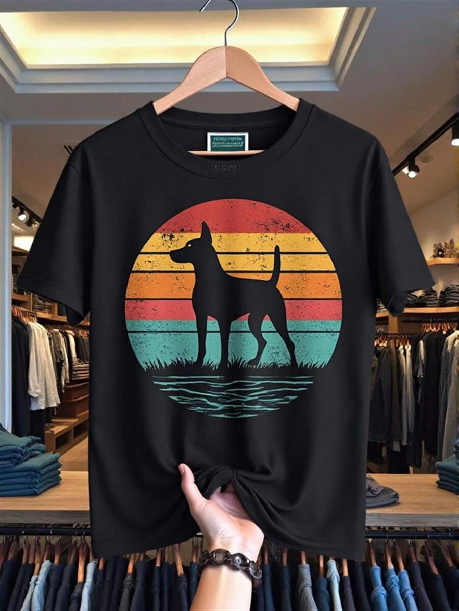 Camiseta Vintage para Hombre con Diseño de la Raza Staffy - 100% Algodón, Suave y Casual, con Silueta de Staffy y Estampado Degradado de Atardecer, Cuello Redondo para Dueños de Staffy, Lava - Negro - Ver 1