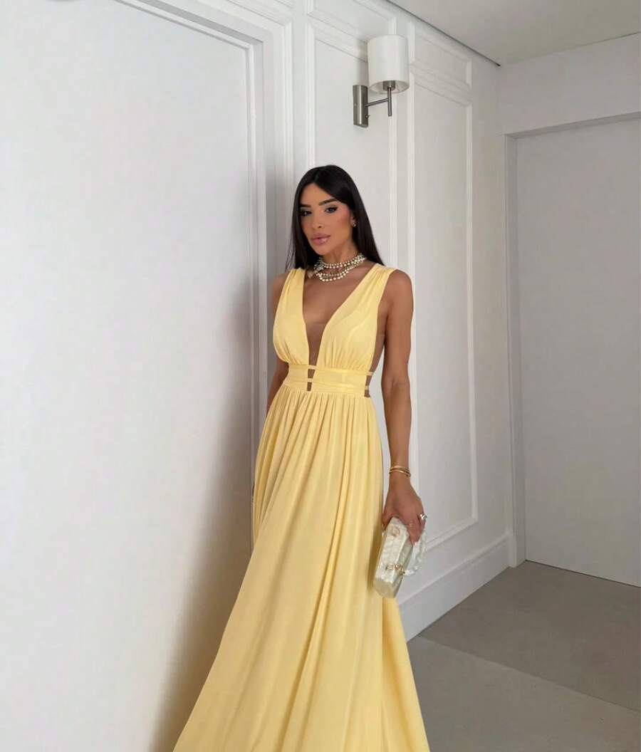 Tulle Party Dress / Neckline / Side Slit / Long For Prom, Bridesmaids, And Guests - 黃色 - 查看 1