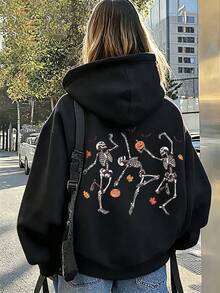 萬聖節骷髏與南瓜印花大碼女款休閒秋冬長袖口袋運動衫 黑色 - 黑色 - 查看 2