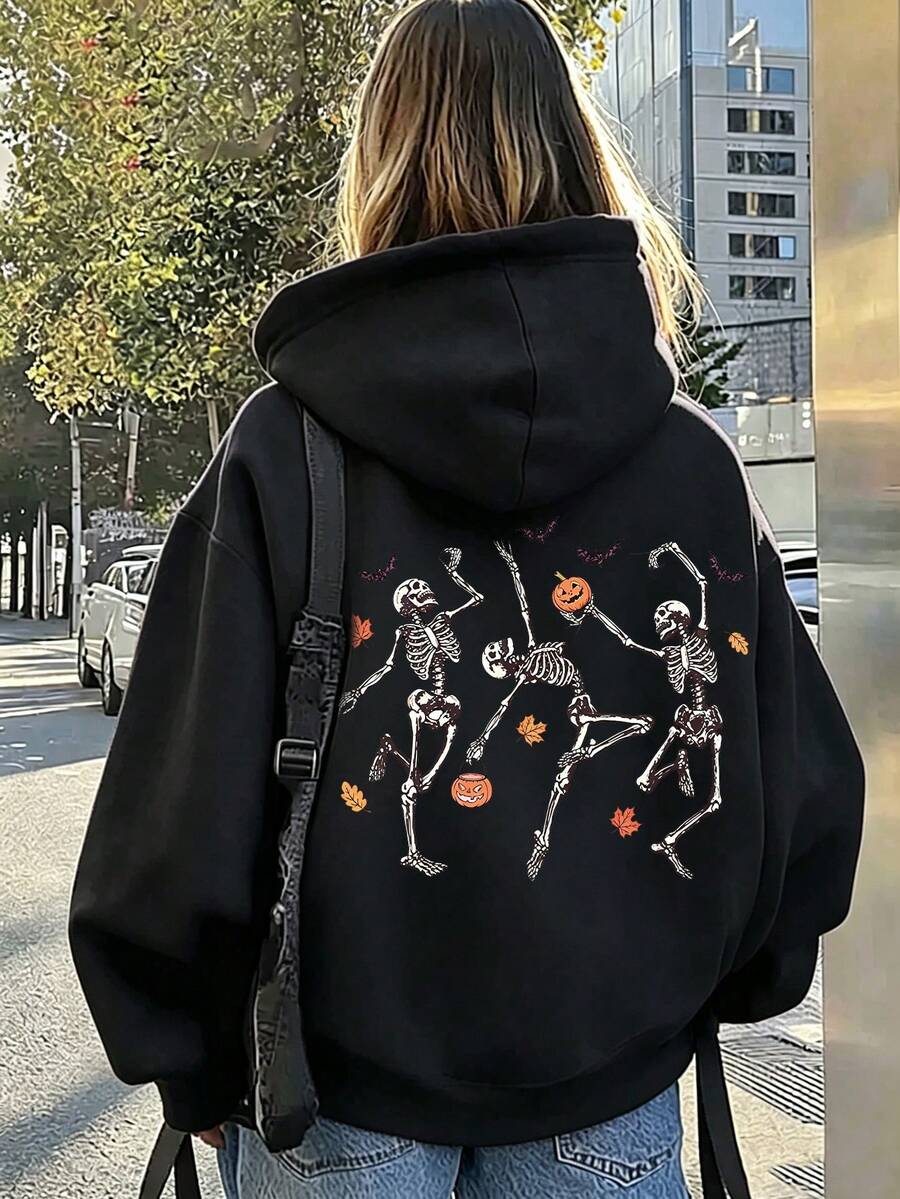 萬聖節骷髏與南瓜印花大碼女款休閒秋冬長袖口袋運動衫 黑色 - 黑色 - 查看 1